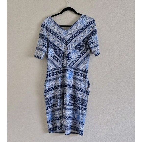 J.McLaughlin Blue Print Catalina Cloth Harbor Dress Size L Nautical  V-neck - Picture 3 of 6